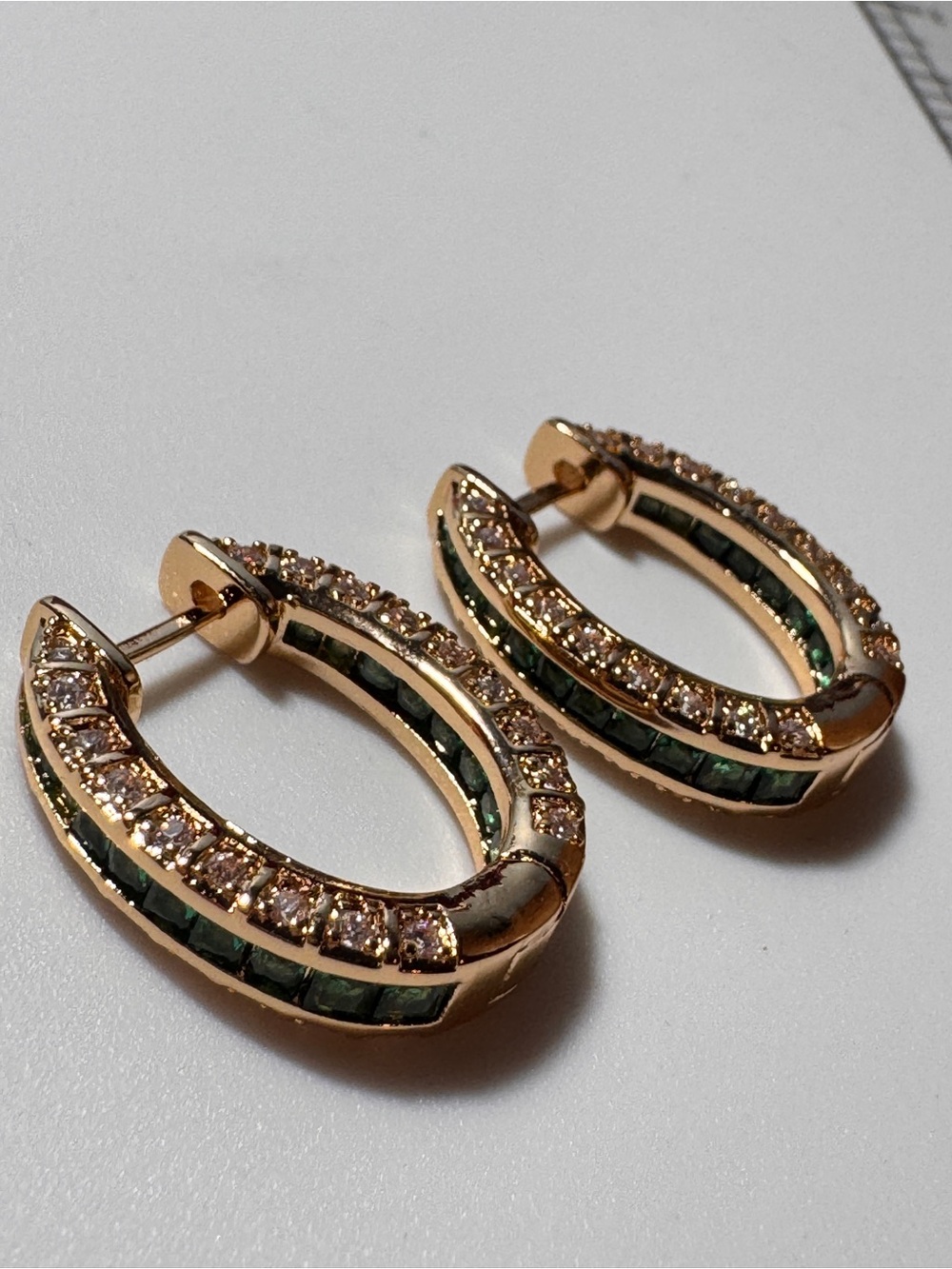 Gold-Tone Hoop Earrings with Green and Clear Stones